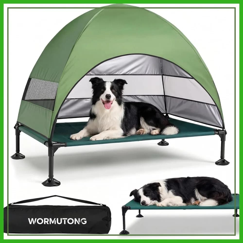 Lettino Rialzato per Cani con Tettuccio, Cuccia per Animali Domestici con Piedini Regolabili, Letto da Campeggio per Esterni con Ombra, Grande, Verde