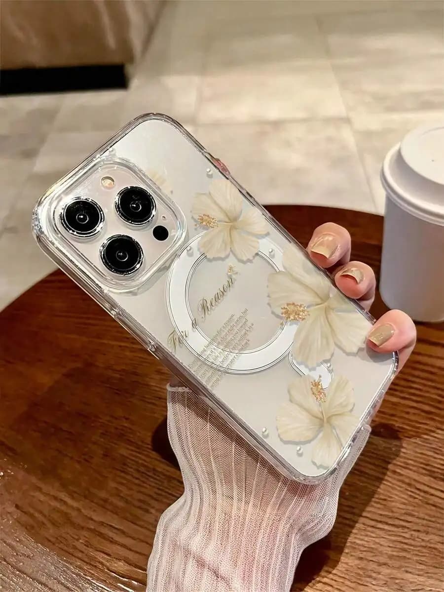 Transparent TPU Flower Phone Case With Magnetic Ring For iPhone 15 16 Pro Max Plus Anti Scratch Shockproof