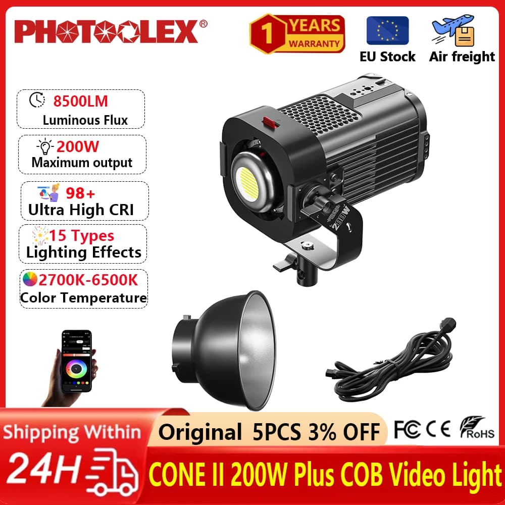 PHOTOOLEX 200W V-Mount Video Light COB Light for Livestreaming Photography with Wireless Control CRI 95+ 2700K-6500K CCT