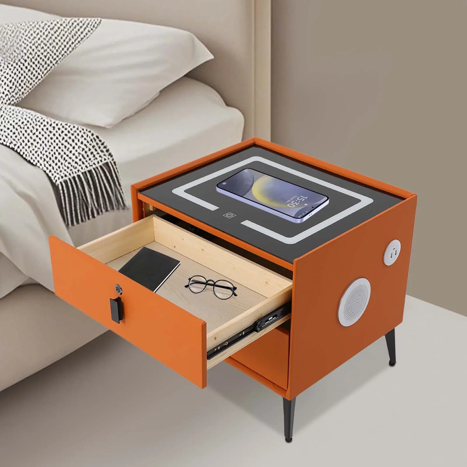 Comodino arancione con impronta digitale con altoparlante Bluetooth e 2 cassetti, comodino intelligente da 40 kg per la casa contemporanea