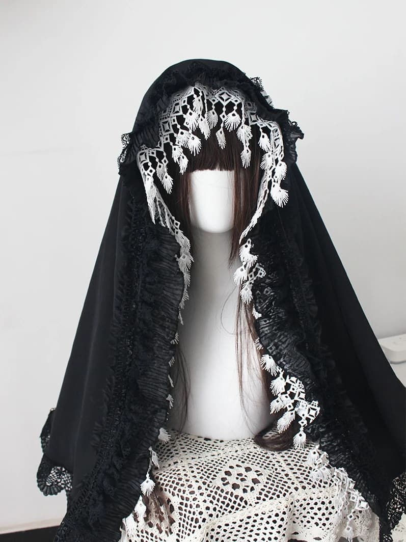 Accessori per fascia per cofano con scialle in bianco e nero con cuciture in pizzo femminile originale fatto a mano Lolita gotico scuro Cos