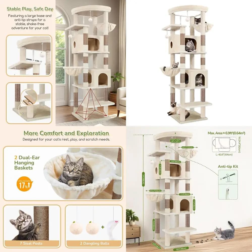 Robusta torre per gatti 74 per gatti di grandi dimensioni con 7 pali in sisal, 2 case imbottite, 2 cestini sospesi, beige