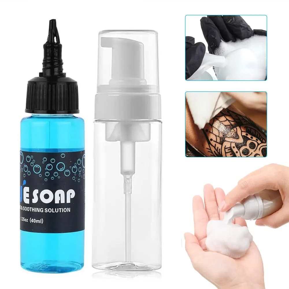 Sapone blu per tatuaggi Sapone liquido per la pulizia del tatuaggio altamente concentrato Soluzione lenitiva per la cura post-terapia con bottiglia schiumogena per tatuaggi da 50 ml