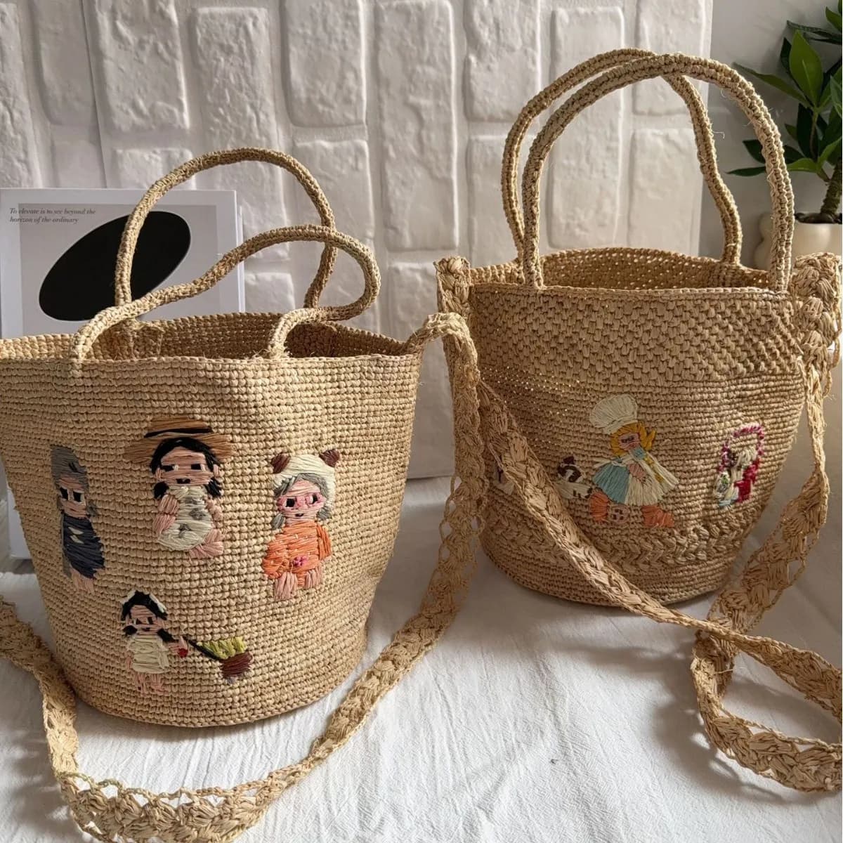 Borsa in Paglia Ricamata con Cartoni Animati, Borsa a Secchiello in Rafia Fatta a Mano da Donna, Borsa a Spalla per Vacanze, Viaggi, Spiaggia, Borsa a Mano, Shopper, Tote