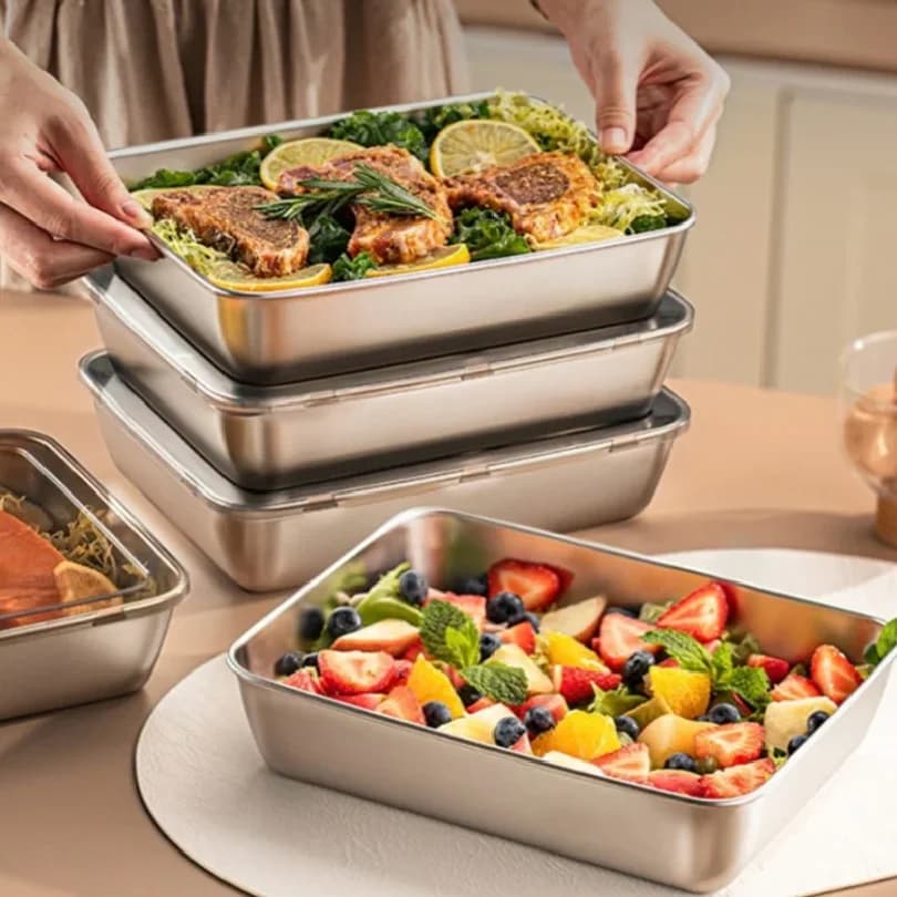 Contenitore per Alimenti in Acciaio Inox, Vassoio Rettangolare con Coperchio, Porta Noodles e Frutta, Lunch Box, Contenitore per Alimenti Resistente