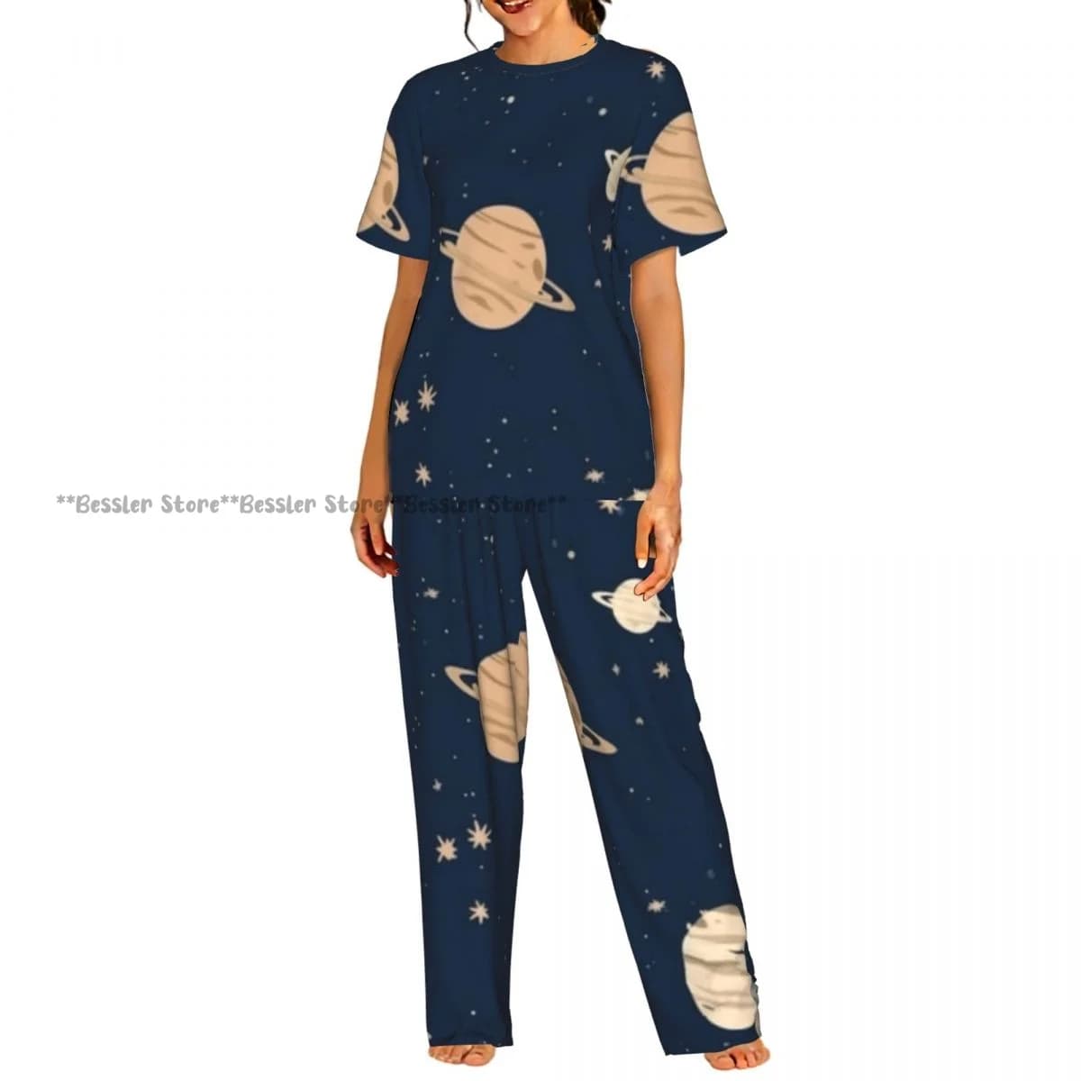 Set pigiama da donna con illustrazione di pianeti e stelle, maniche corte, abbigliamento da notte in 2 pezzi, abbigliamento da casa e da relax