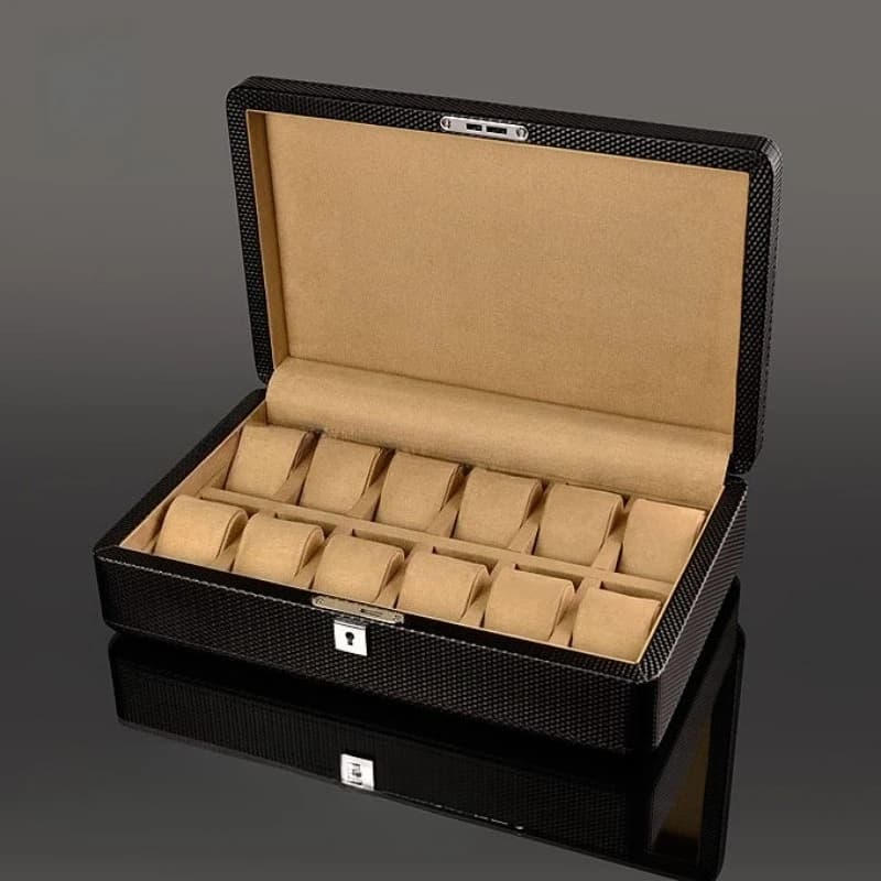Scatola per orologi in legno da viaggio con serratura Scatole per orologi Cuscini rimovibili Custodie per orologi Cofanetto impermeabile con motivo in fibra di carbonio per orologi