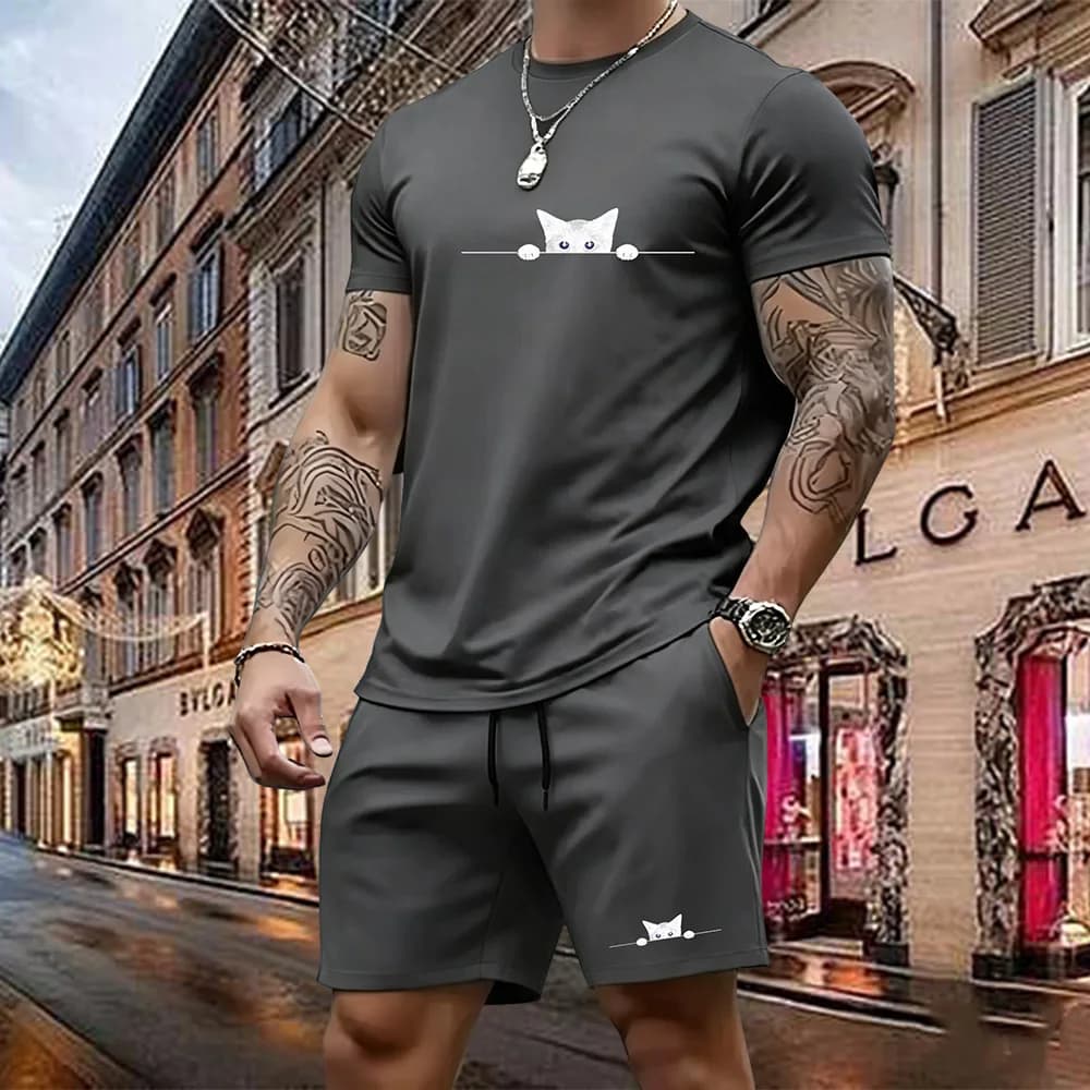 Men's summer new cute kitten print soft and breathable round neck T-shirt set outdoor casual versatile top