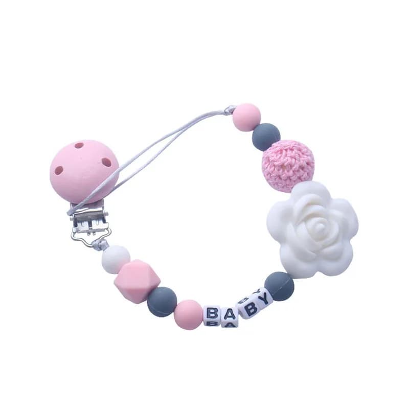 Nome personalizzato personalizzato Porta ciuccio fatto a mano Porta ciuccio Fiore in silicone Catena per ciuccio Massaggiagengive per bambini Regalo con catena per massaggiagengive