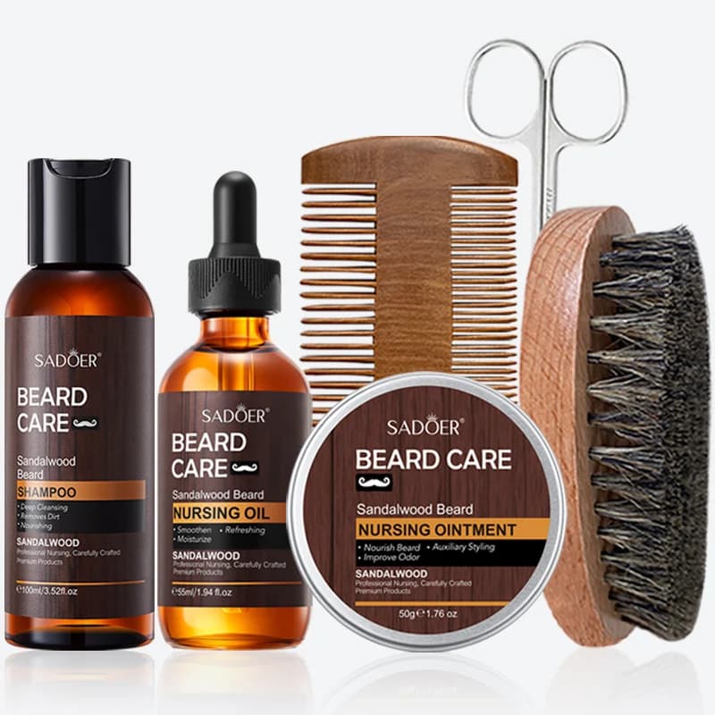 Set per la Crescita della Barba SADOER per Uomo, Nutrimento Delicato, Olio per Barba al Sandalo, Balsamo per Barba, Shampoo per Barba, Forbici, Pettine, Spazzola