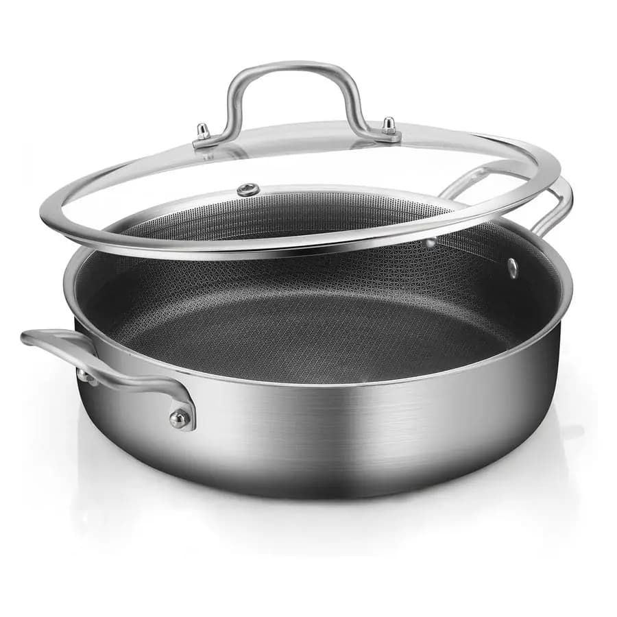 7-quarter stainless steel pan, 12-inch non-stick pan with lid, fast and uniform heating pan, large Hybird pan, 18/10