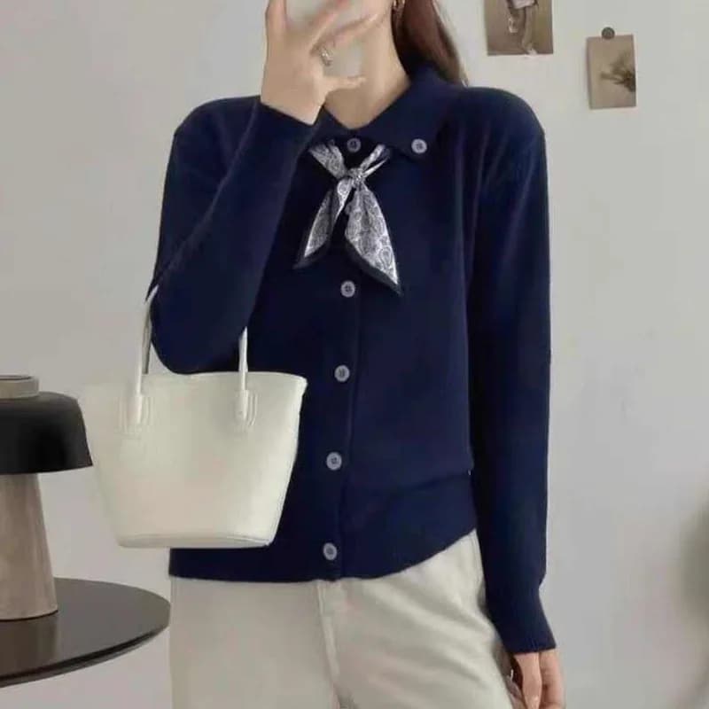 Cardigan da Donna con Collo Rovesciato, Maglione Lavorato a Maglia, Nuovo Cardigan a Maniche Lunghe con Sciarpa, Top da Donna Q2353