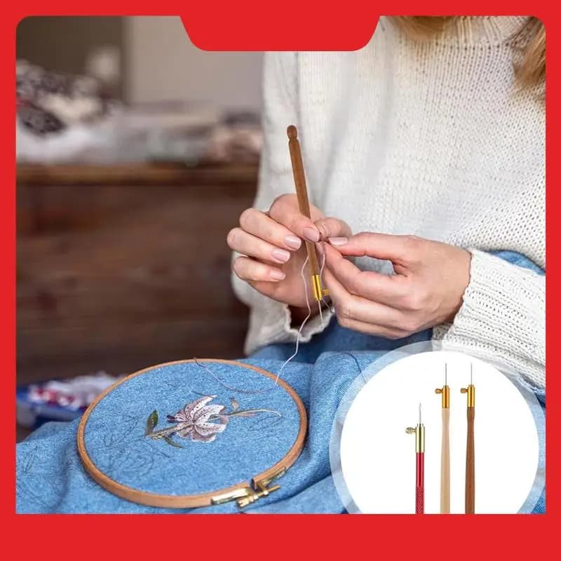 Kit di ganci per tamburello da 3 pezzi, ricamo, uncinetto, manico in legno, kit per ricamo tamburello, ganci per batteria francese con 9 aghi