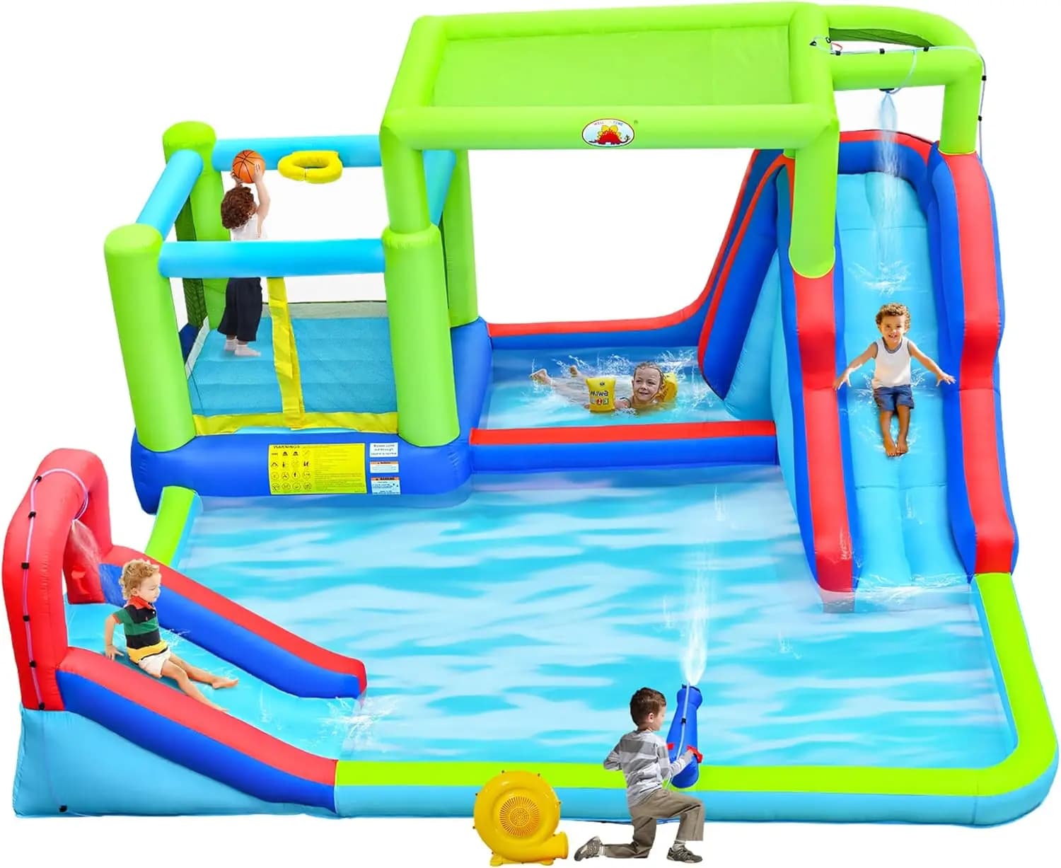 Inflatable Water Slide & Water Park with Blower, Dual Bounce House Jumping Castle with Sunshade, Climbing Wall & Basketball Hoop