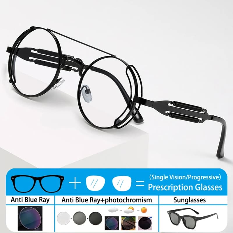 Occhiali da sole con montatura rotonda stile punk classico Occhiali da sole fotocromatici grigi marroni anti raggi blu con prescrizione personalizzata