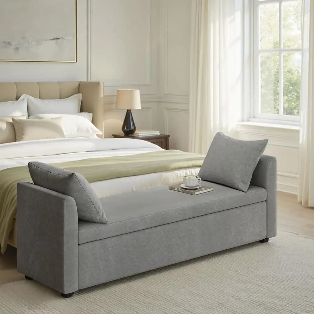 Panca contenitore moderna per camera da letto, panca per il fondo del letto con braccioli e cuscini decorativi, poggiapiedi per soggiorno, sala da pranzo, ingresso