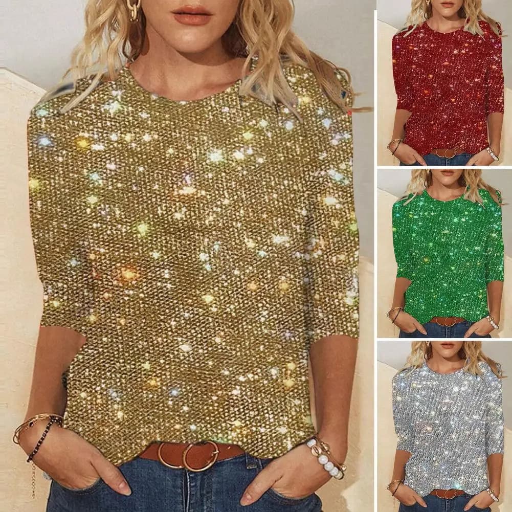 Top da donna con dettagli in paillettes, top da donna con glitter, pullover da donna, bluse con paillettes lucide, camicie a tunica a maniche lunghe