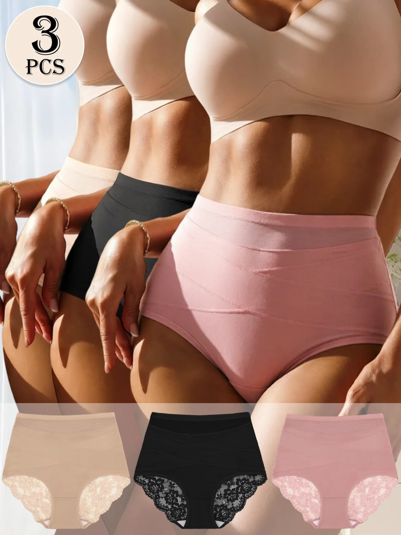 3‑Pack Ladies High‑Waist Shaping Underwear Lace Splicing Breathable Tummy Control High Stretch Panties for Daily Wear S‑XXL