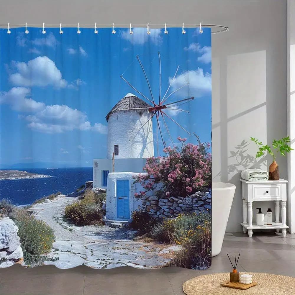 Mediterranean Coastal Windmill Shower Curtain Waterproof Bathroom Decor Sea View Polyester Print Curtain for Home Bathroom Acces