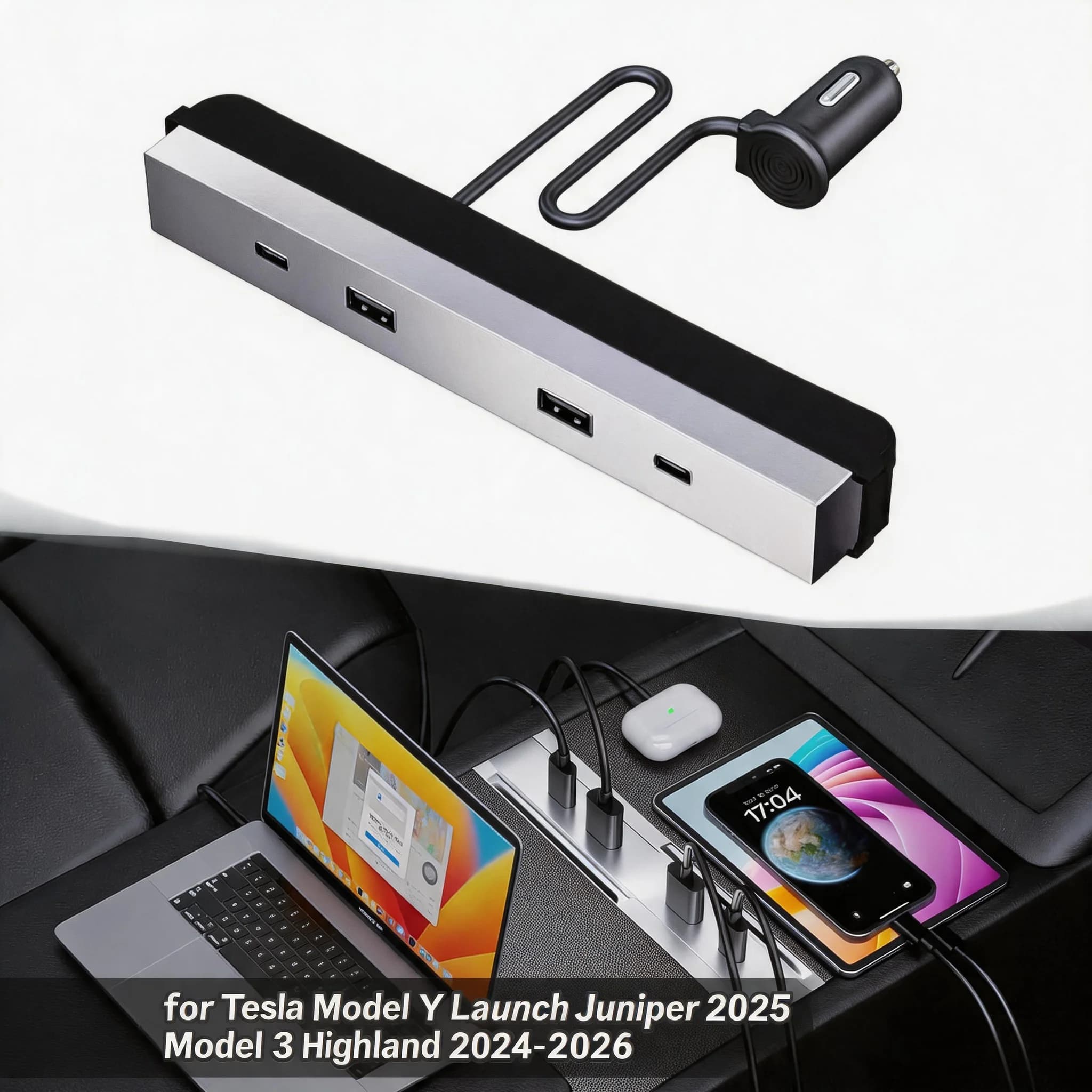 Accessorio per interni per Tesla Model YL Y Launch Juniper, hub USB Type-C da 65W con ricarica rapida, dock di espansione per Model 3 Highland