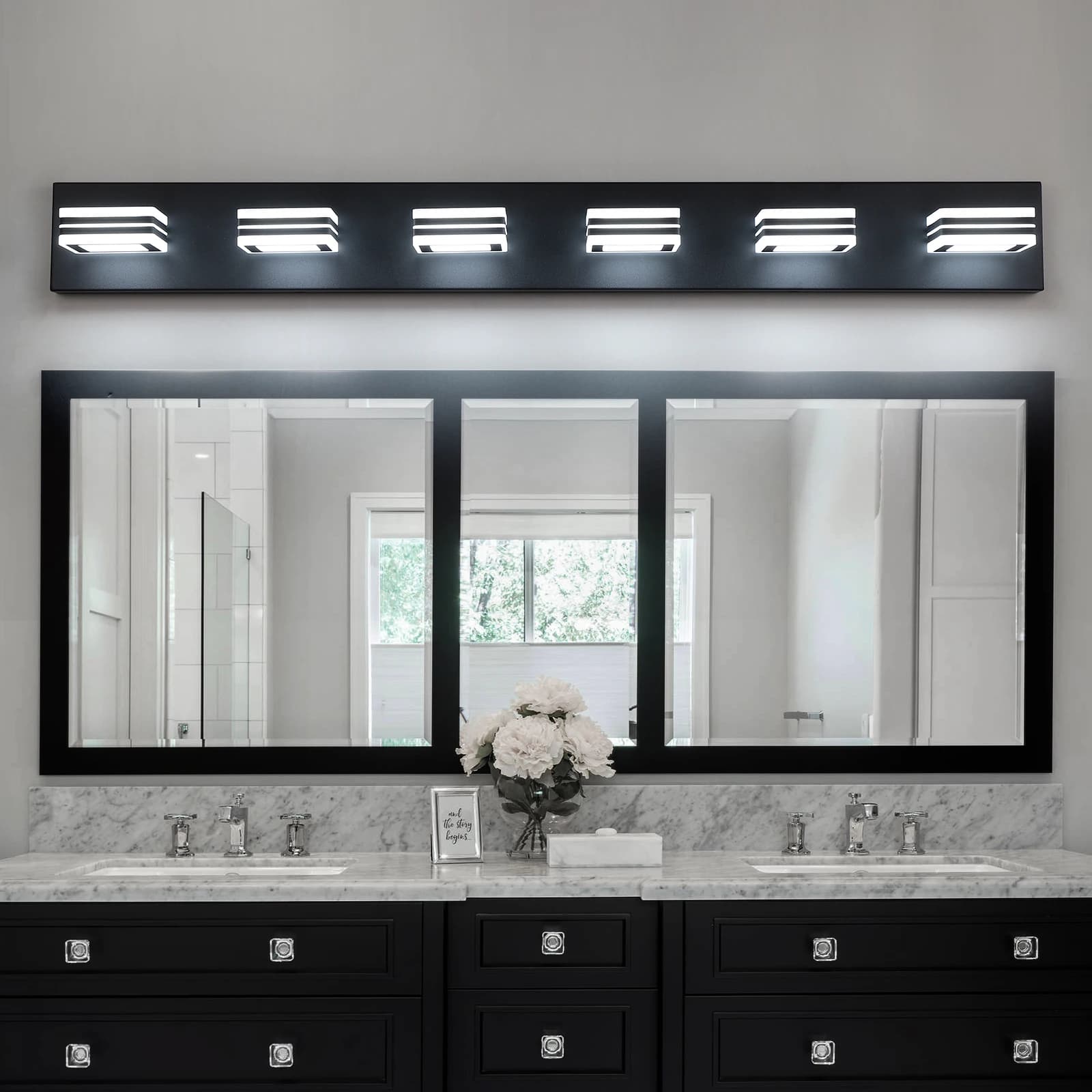 Luci da toeletta moderne a LED nere, luci da toeletta da bagno in acrilico nero opaco a 6 luci sopra lo specchio