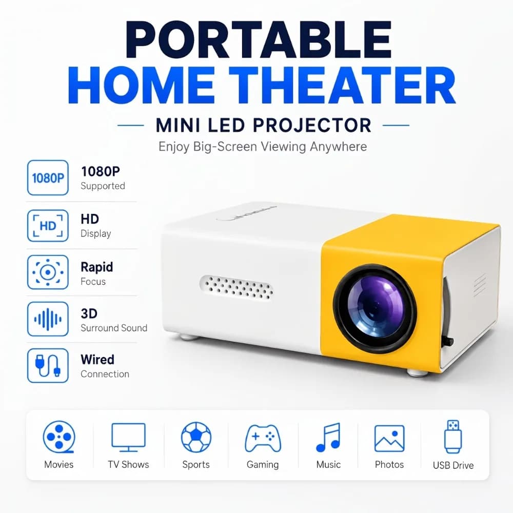 Mobile USB mini projector, equipped with LCD screen and control panel, local resolution 240P, supports 1080P