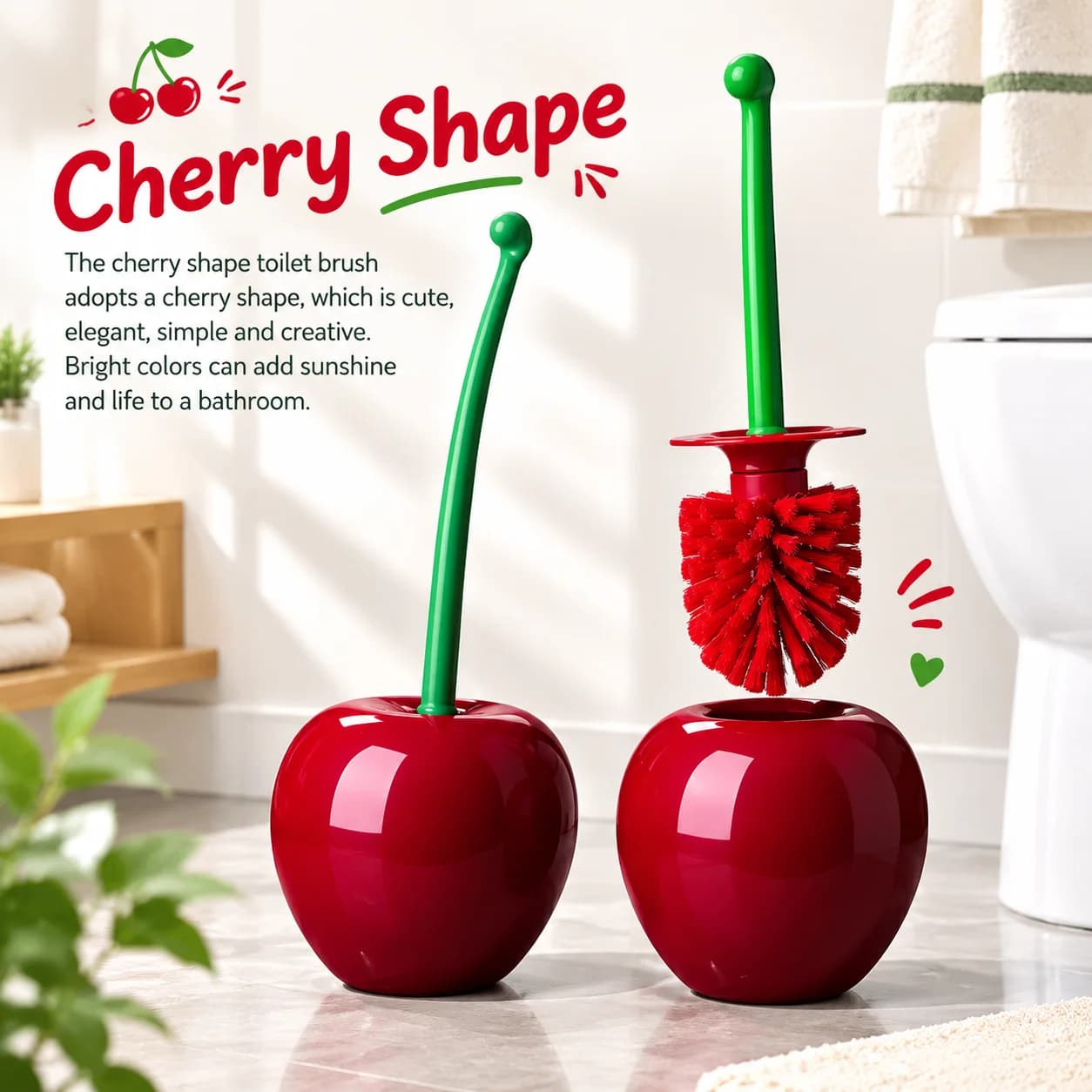 Cherry Toilet Brush and Holder Set Cute Bathroom Accessories for Decor Compact Which is Cute Home Bathroom Cherry Toilet Brush