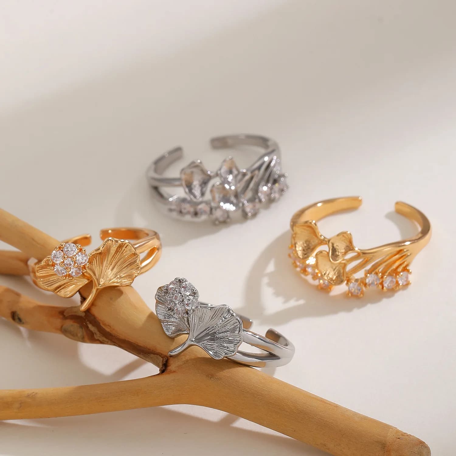 LATS Open ring with ginkgo zircone leaf light luxury fashionable in French style for women Girl design rings customized Fashion jewelry