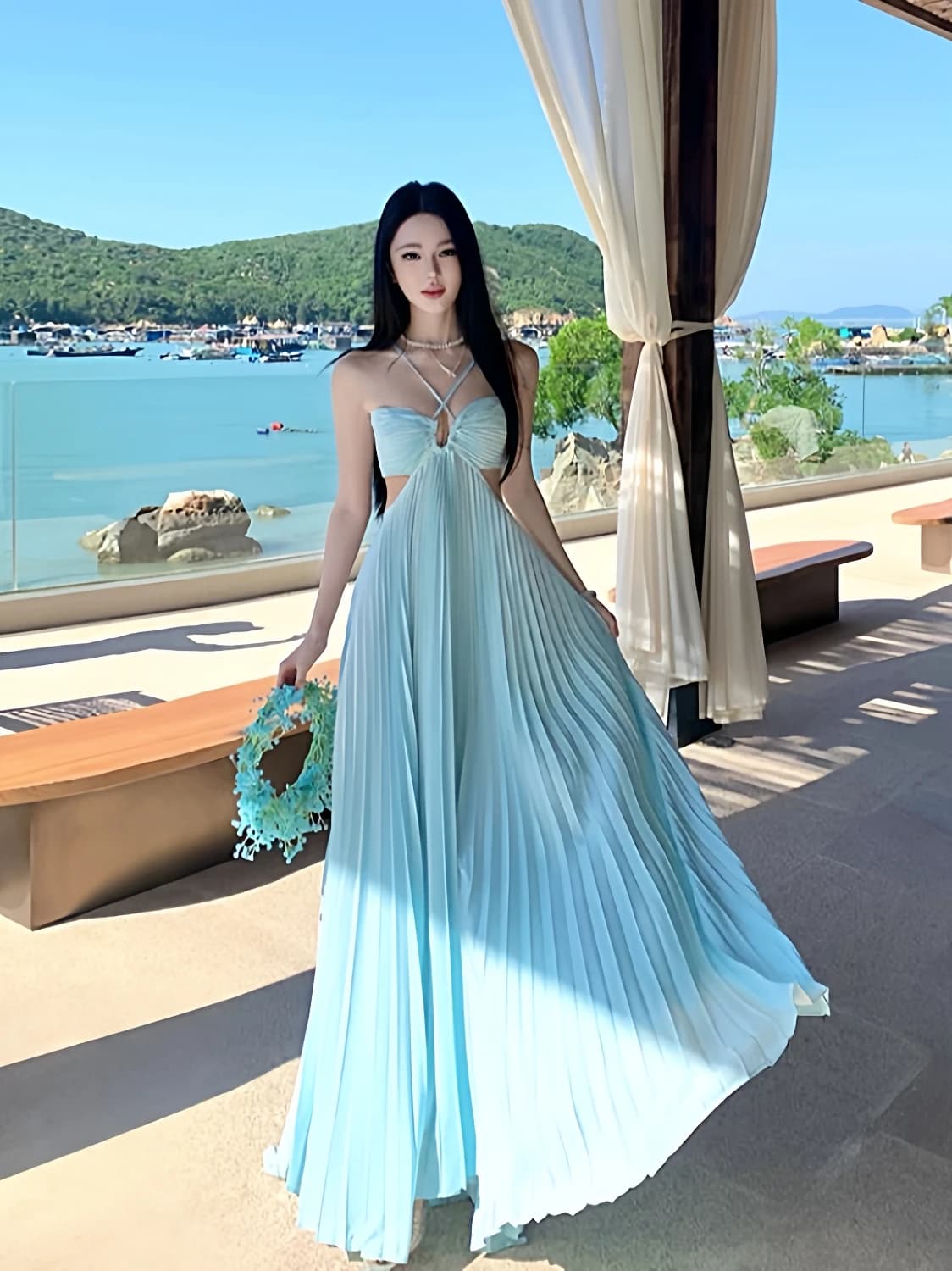 Beach Vacation Style Maxi Dress with Pleats And Belt Loose Fit Backless Women's Summer Skirt Breathable Polyester Fabric
