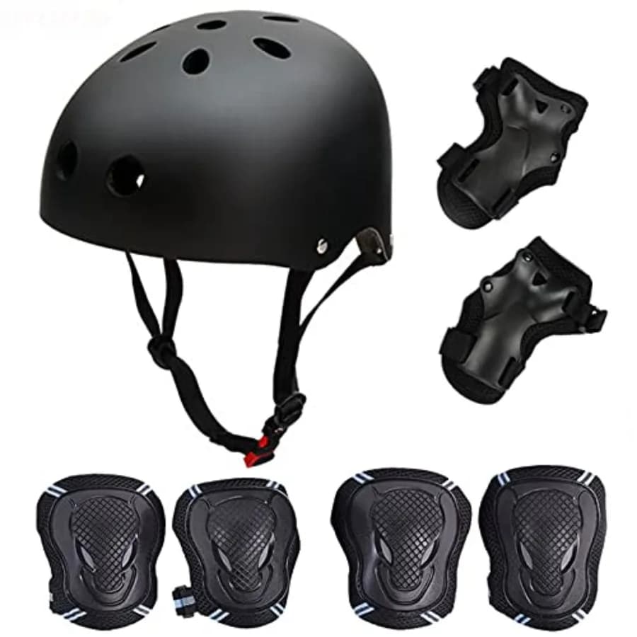 Set di Protezioni per Skateboard con Casco per Giovani, BMX, Ciclismo, Pattinaggio, Nero, 6 Pezzi: Protezioni per Gomiti, Ginocchia, Polsi e Testa, Taglia M 20.5-22