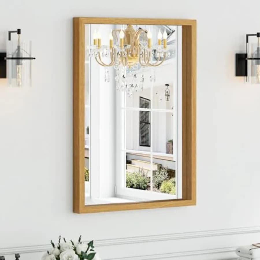 Specchio da Bagno con Cornice in Legno Syndra 22x30'' Specchio Moderno da Parete Impermeabile con Cornice Sottile Profonda Rettangolare in Vetro Temperato HD