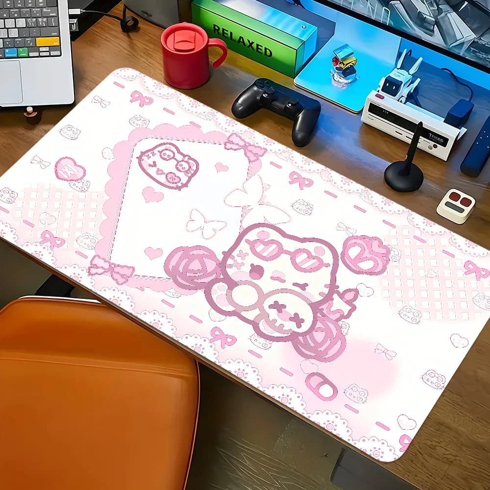 Tappetino per mouse Y2K con gatto e coniglietto kawaii, cuore rosa e stella, antiscivolo, con bordi rinforzati, spesso, per desktop, gaming, ufficio, studenti