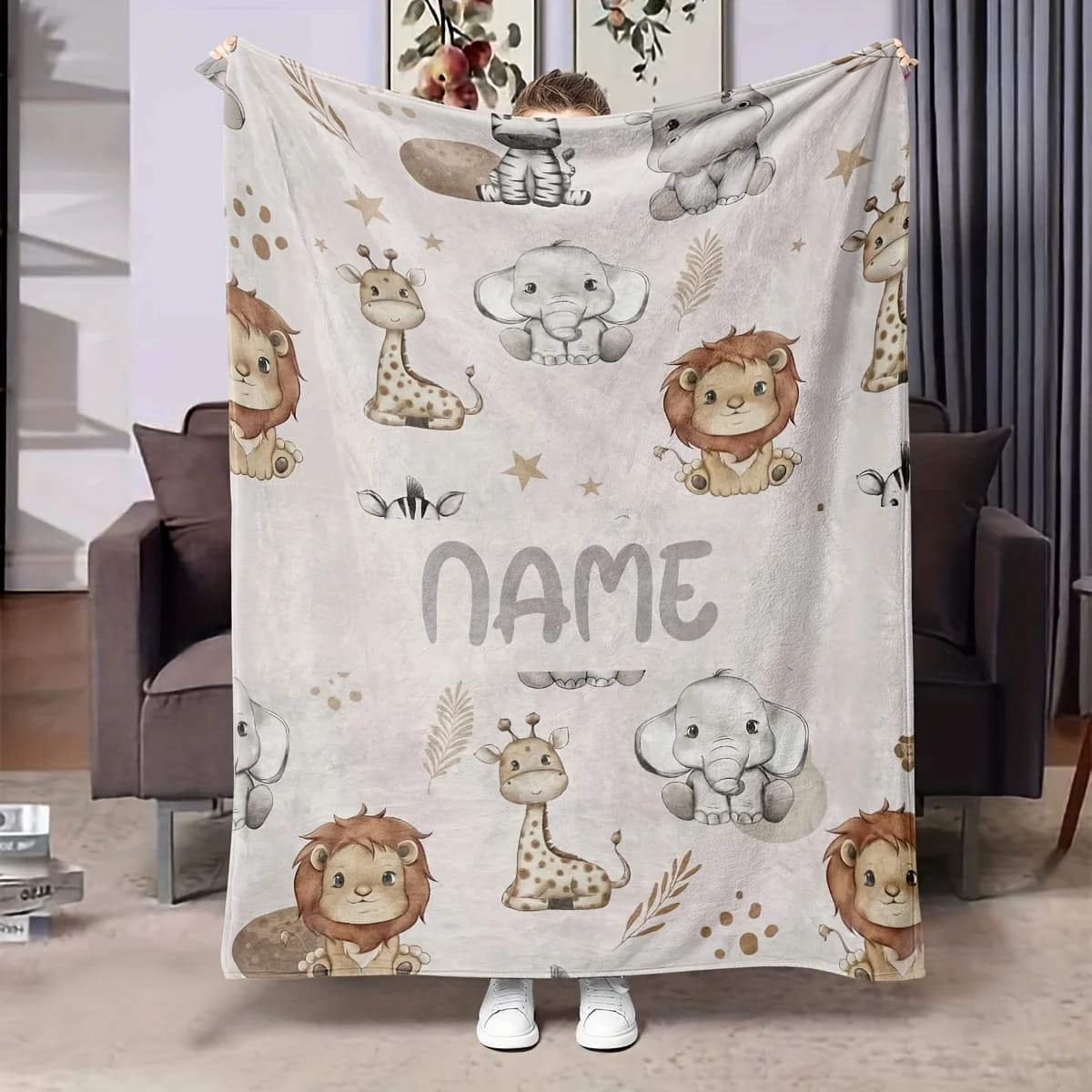 Coperta in flanella con stampa digitale personalizzata, serie animali semplice e carina, personalizzazione del nome, regalo per le vacanze, per ufficio e soggiorno