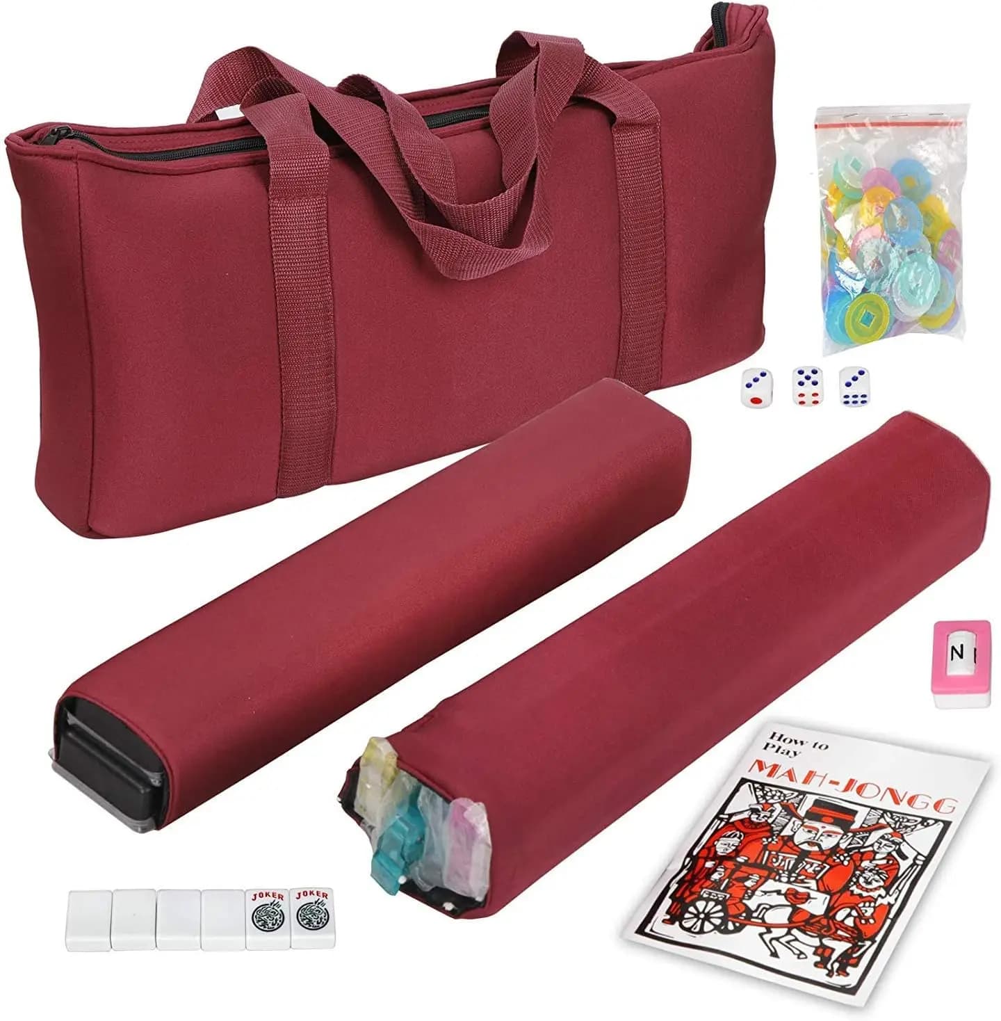 Set Mahjong da 166 Tessere, Supporto/Spingitori in 4 Colori, Borsa Rossa, Dimensione Standard