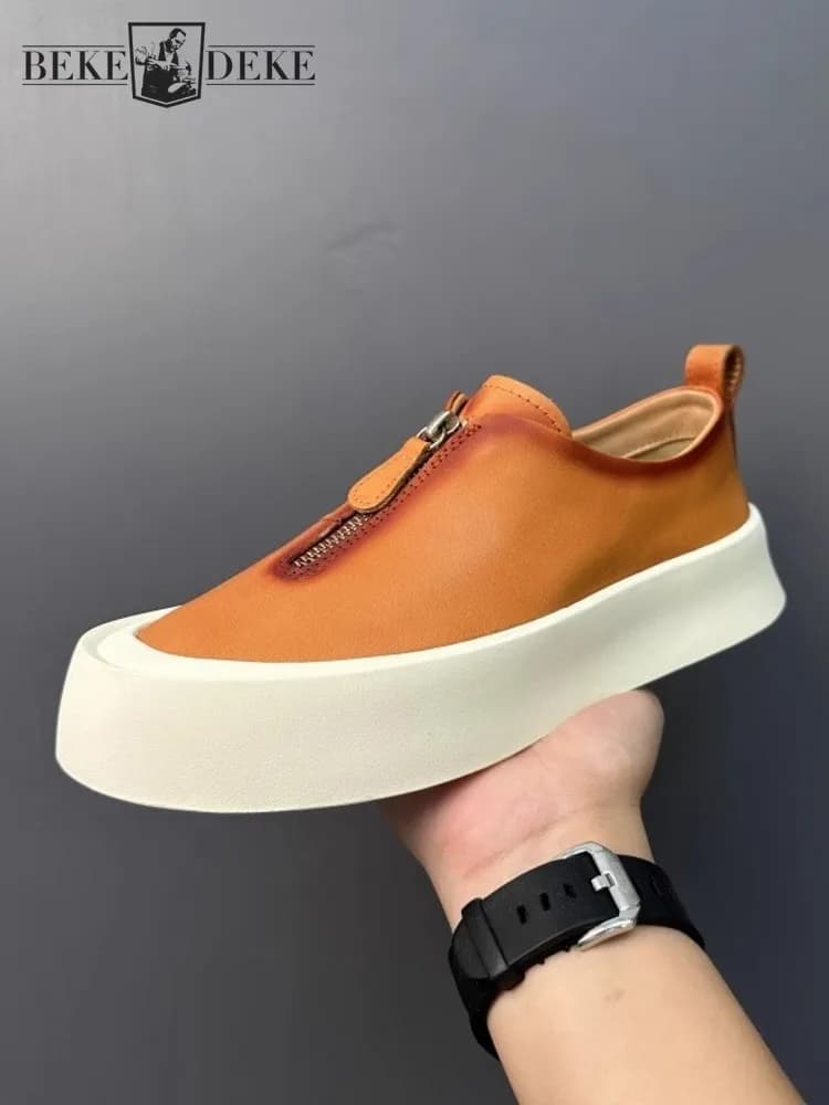 Moda Uomo Mocassini con cerniera Piattaforma spessa Pelle bovina Scarpe casual in vera pelle Vintage Fuori Jogging Sneakers Scarpe da skateboard