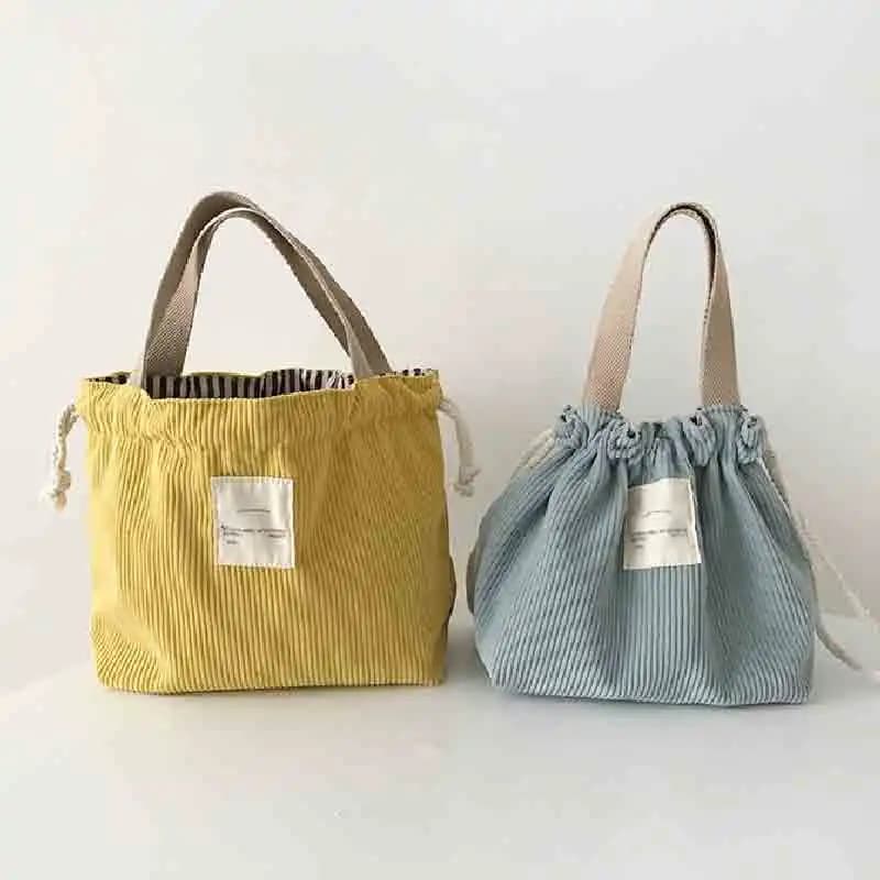 Borsa Pranzo in Corduroy e Tela, Contenitore Picnic con Coulisse, Borsa Piccola in Cotone Ecologico, Contenitore per Cena, Sacchetti per Alimenti