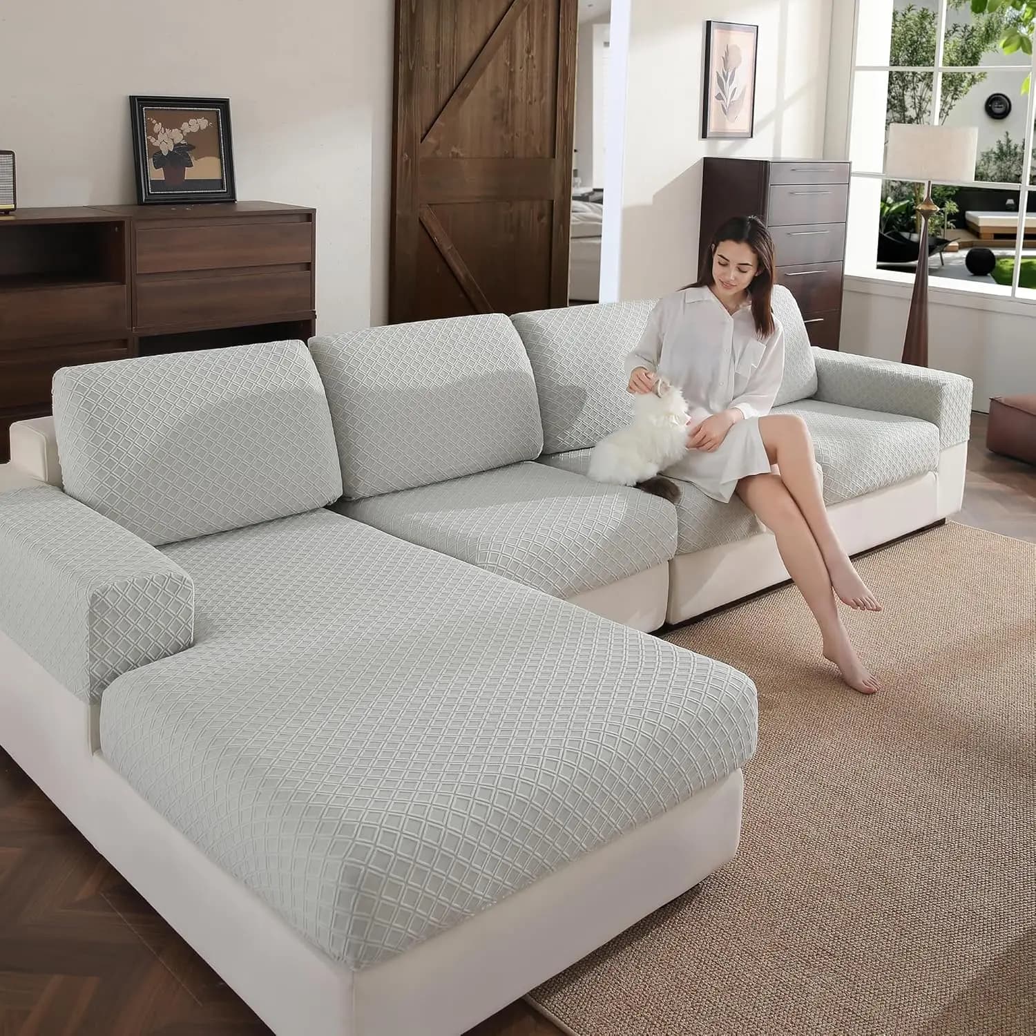 Covers Elasticized, Washable and Anti-Stain, Light Grey, L Cover for Home Furniture Protection