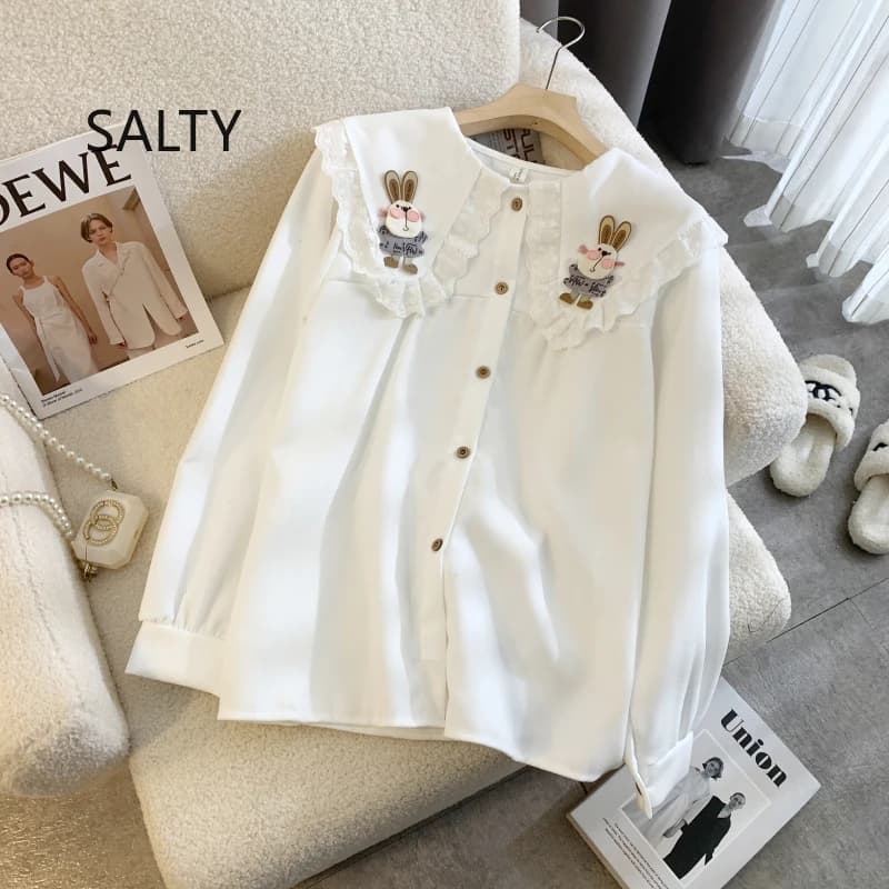 2025 Camicia da donna a maniche lunghe con toppa di coniglio carino colletto per bambola camicetta top donna autunno e inverno stile preppy donna
