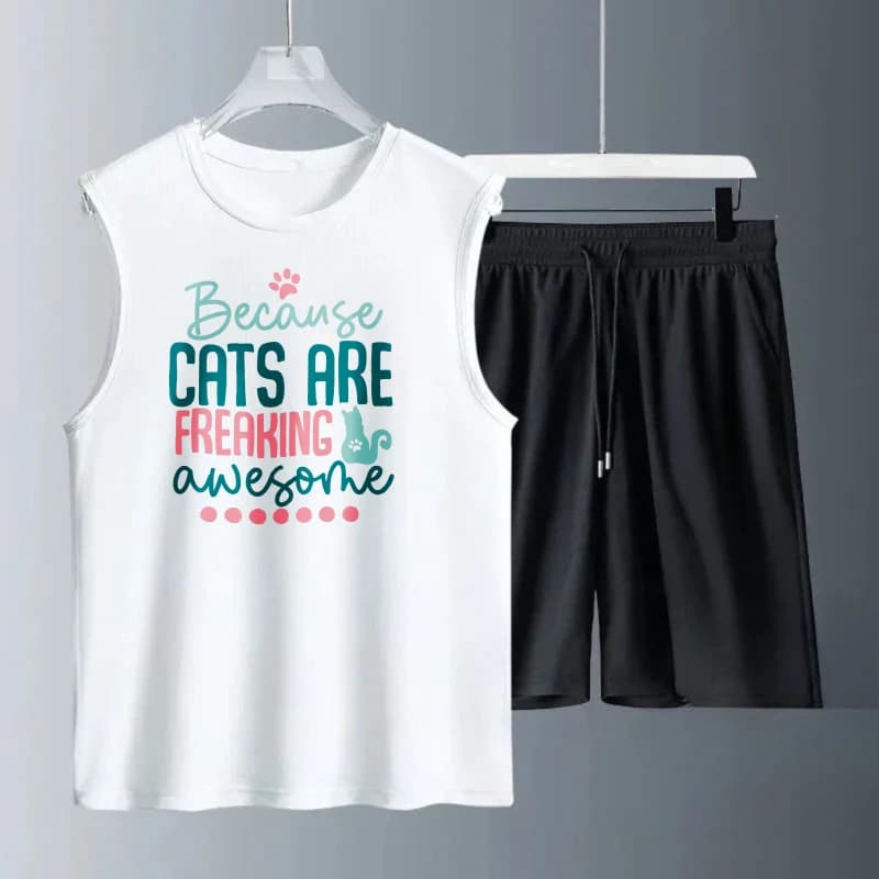 Men's summer vest without printed sleeves because cats are coming fantastic canoes + shorts drip suits men's suits