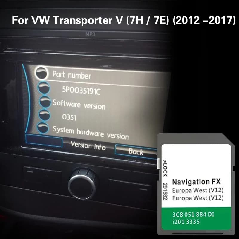 Montaggio per VW Transporter V (7H / 7E) (2012 -2017) Scheda SD di navigazione FX V12 da 8 GB per l'Europa occidentale