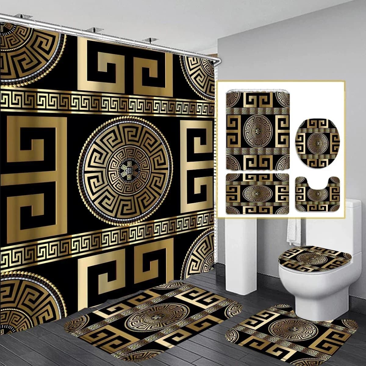 Luxury black gold bath set: shower curtain with Greek key pattern, non-slip carpet, U-shaped mat, toilet seat cover, stylish furniture