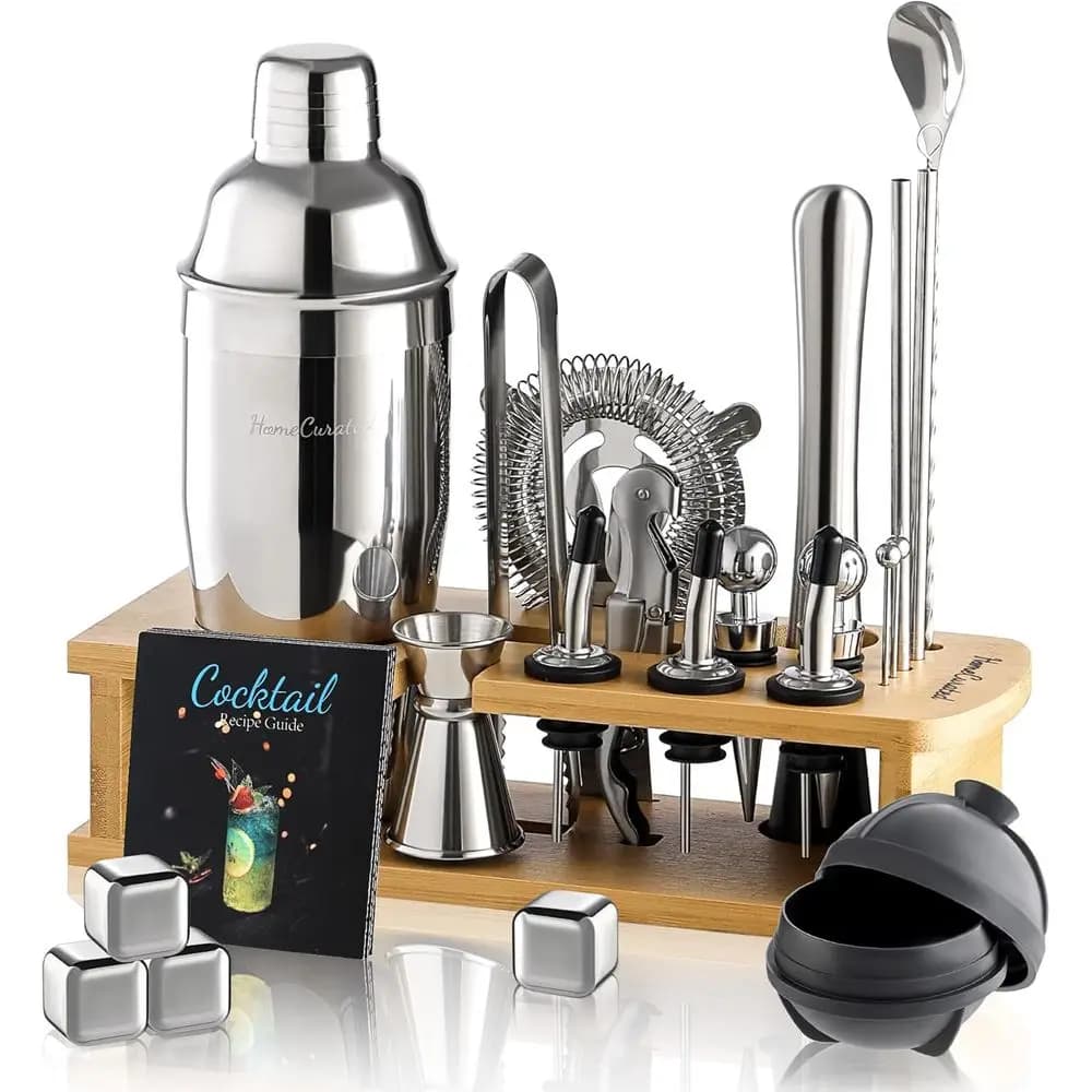 Set da 24 Pezzi per Bar in Argento con Supporto, Shaker per Cocktail, Jigger, Colino, Cucchiaio da Cocktail, Muddler, Versatori per Liquori, Pinze, Apribottiglie, Ghiaccio