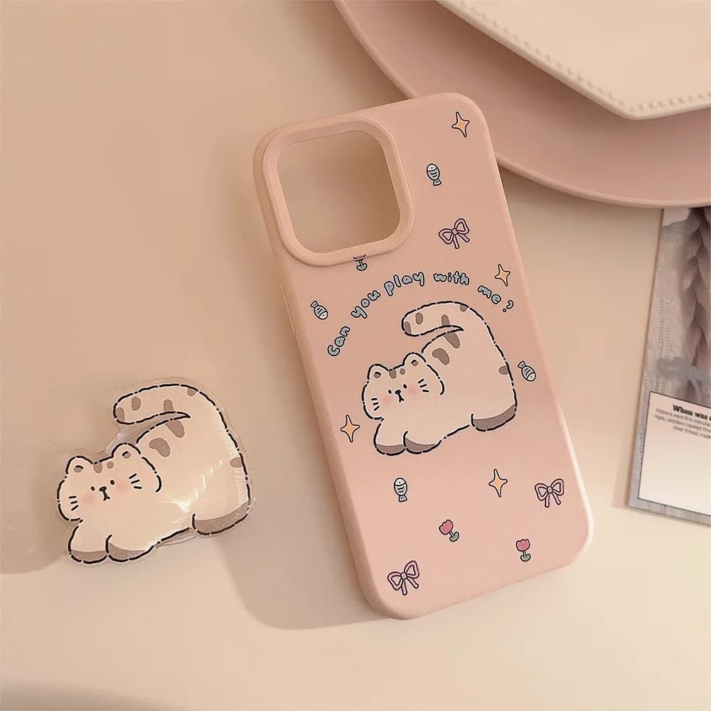 Custodia Protettiva Morbida Antiurto per iPhone 17 16 15 14 13 12 Pro Max Plus con Supporto a Forma di Gatto Cartoon Rosa Coreano