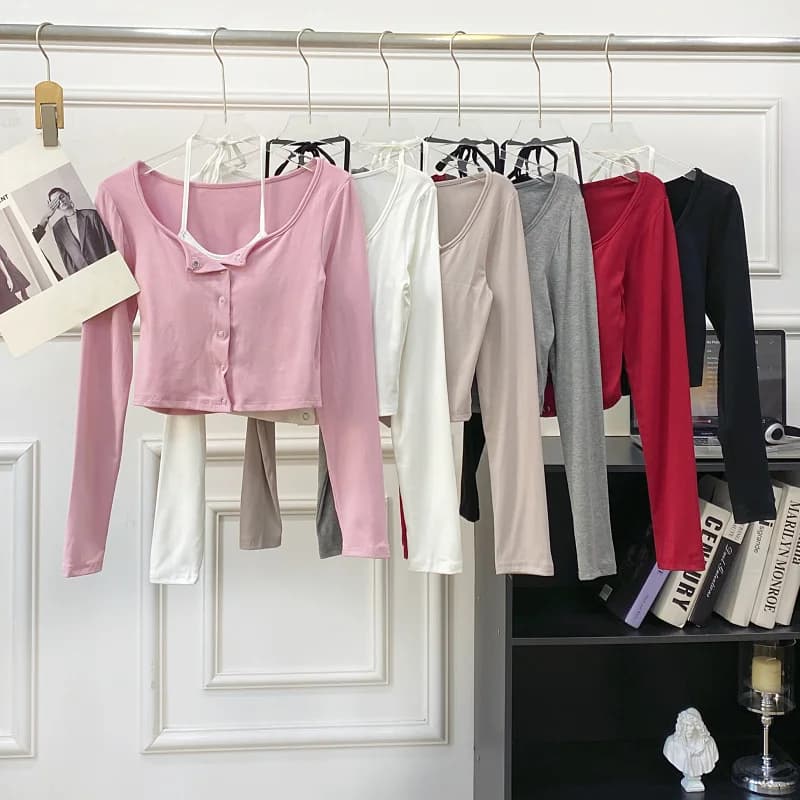 T-shirt slim fit senza maniche da donna, girocollo con bottoni, stile casual, Pure Desire Hot Girl Style, top autunnale