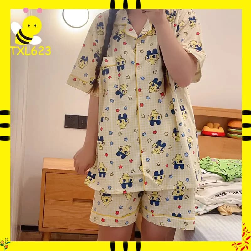 Tamagotchi Mameiji Set pigiama da donna estivo in puro cotone a maniche corte, pigiama giapponese con cartoni animati, abbigliamento da notte