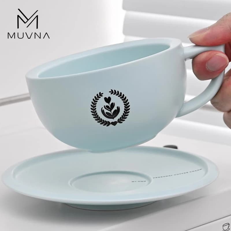 MUVNA Ceramic Coffee Cup Latte Art Cup with Saucer Set 10oz 280ml Thickened Rim Cappuccino Cup for Perfect Crema,Anti-Slip Base