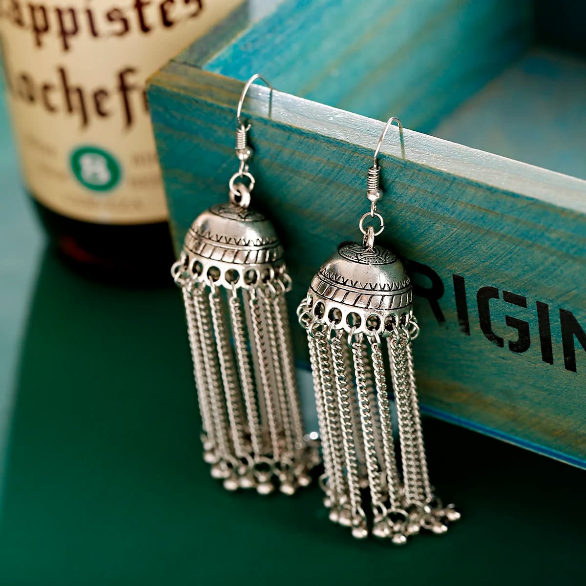 Ethnic Silver Color Long Tassel Indian Jhumka Earrings For Women Bell Gypsy Drop Earrings Tibetan Earrings Oorbellen