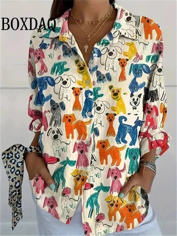 Camicia primaverile da donna nuova Fun Puppy Graffiti Stampa Camicie a maniche lunghe Fashion Party Risvolto Button Down Camicette casual a maniche lunghe