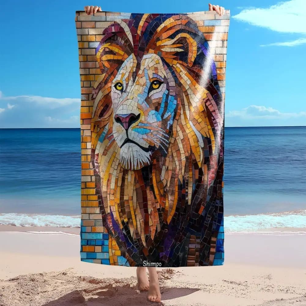 Telo mare colorato con stampa mosaico leone - Telo mare oversize in microfibra ad asciugatura rapida, telo da viaggio in stile Jungle Art