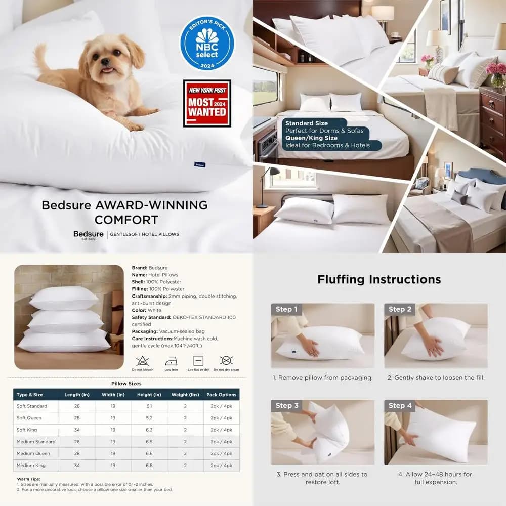 Set di 4 Cuscini King Size - Cuscini Premium Morbidi e di Supporto Stile Hotel per Chi Dorme su un Fianco o sulla Schiena